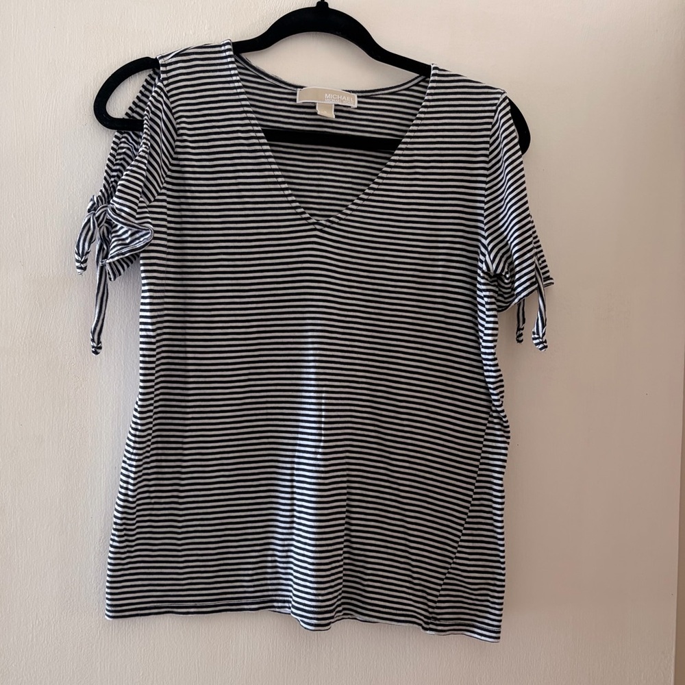 Michael Kors V neck Top- Navy Blue and White Small